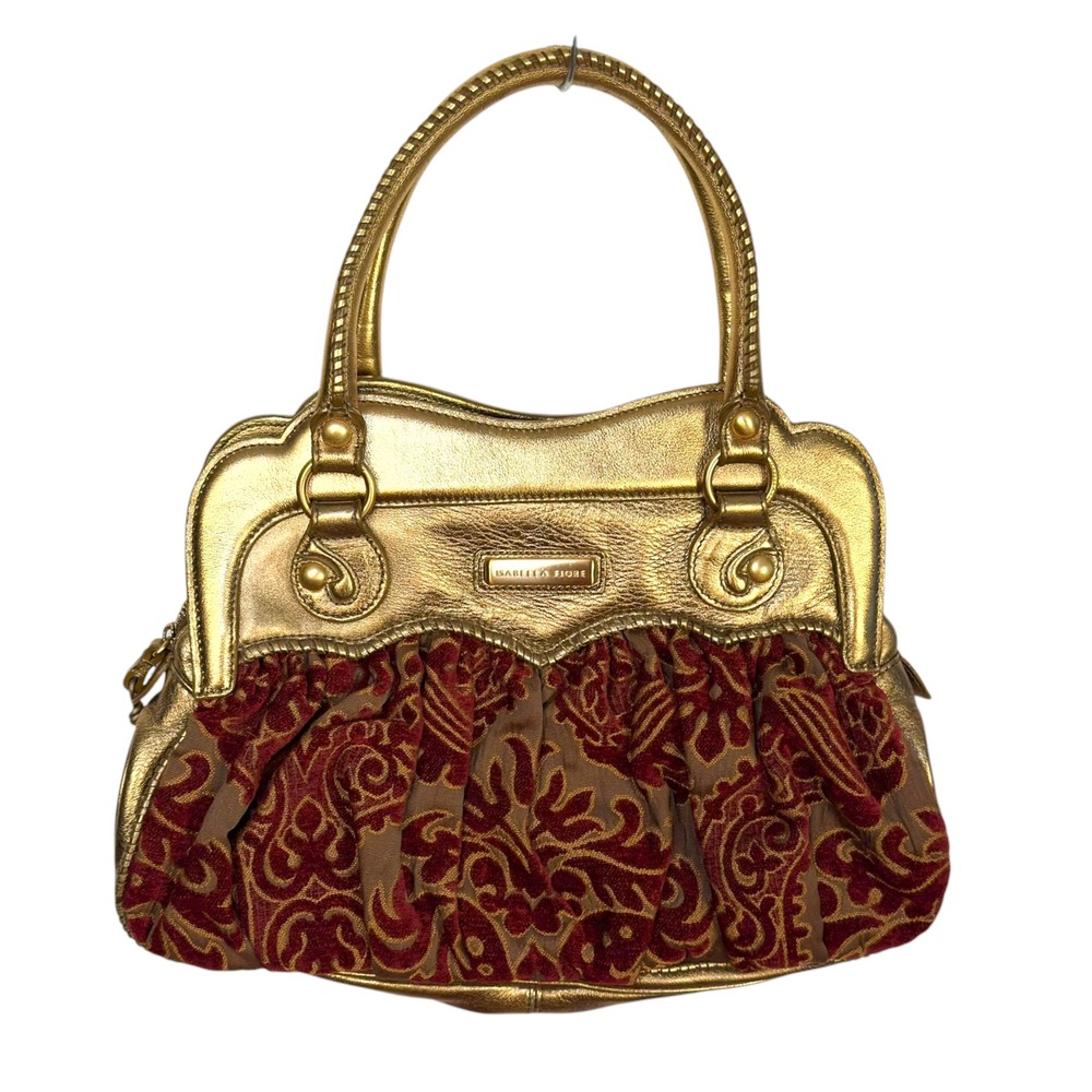 Isabella Fiore Satchel Gold Red Metallic Leather Velvet Damask Boho Handbag